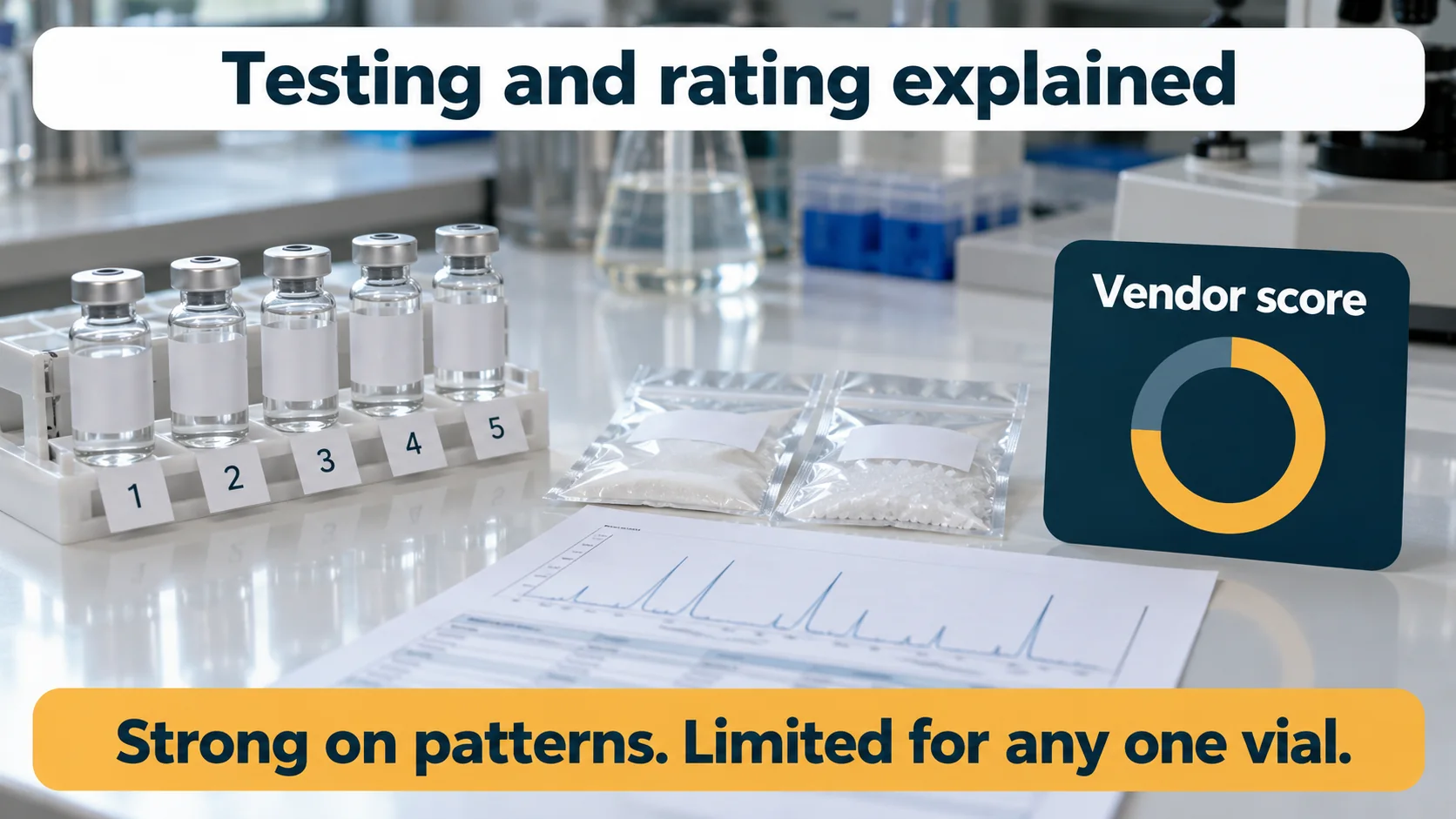Five sample vials in a rack with sample bags, a lab report and a vendor score card, explaining Finnrick peptide testing and rating: strong on patterns, limited for any one vial