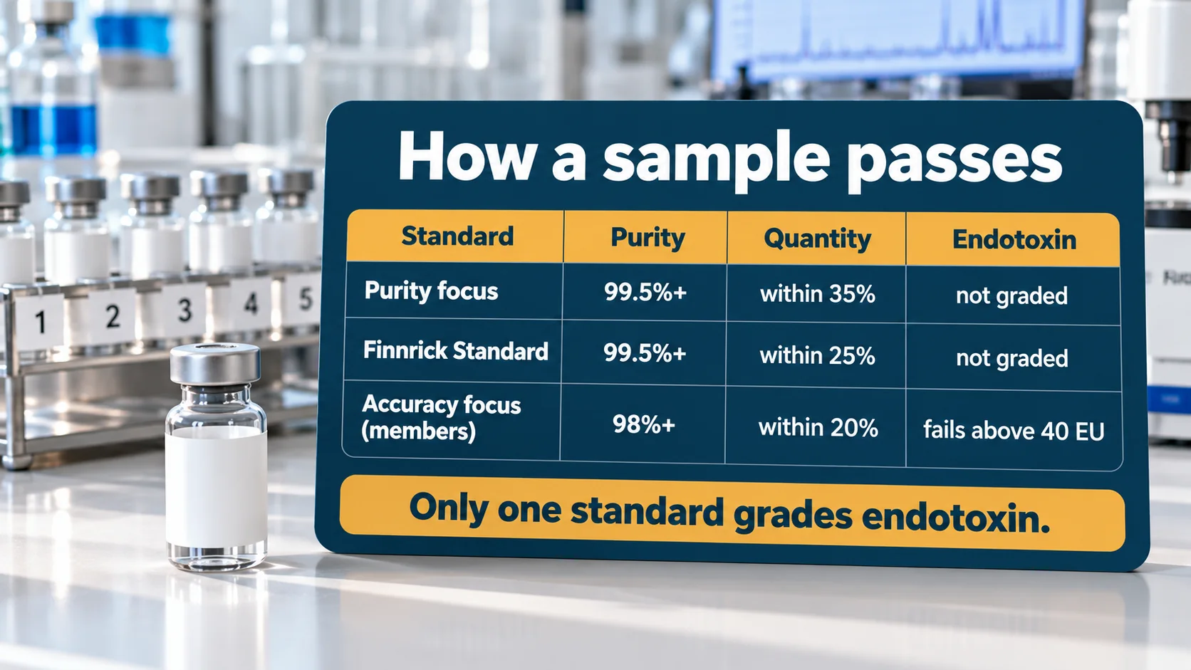 Finnrick standards compared: Purity focus needs 99.5% purity and quantity within 35%, Finnrick Standard 99.5% and within 25%, Accuracy focus 98% and within 20% with endotoxin failing above 40 EU