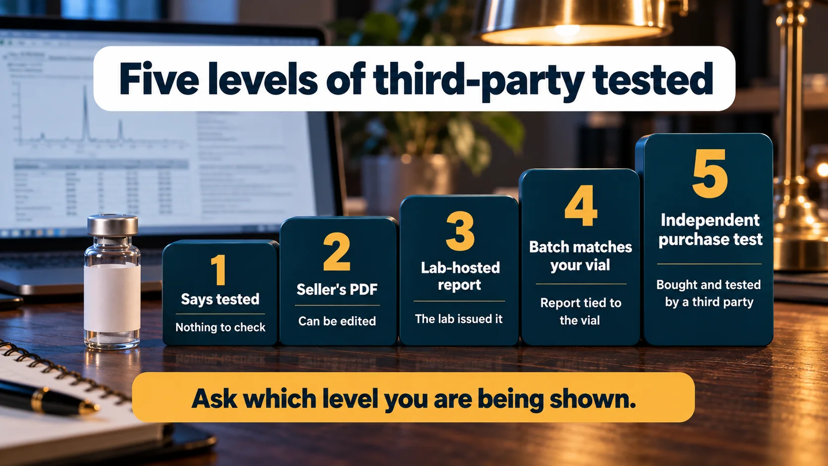 Five levels of third-party tested peptides as steps, from a seller saying tested to a seller PDF, a lab-hosted report, a batch-matched report and an independent purchase test
