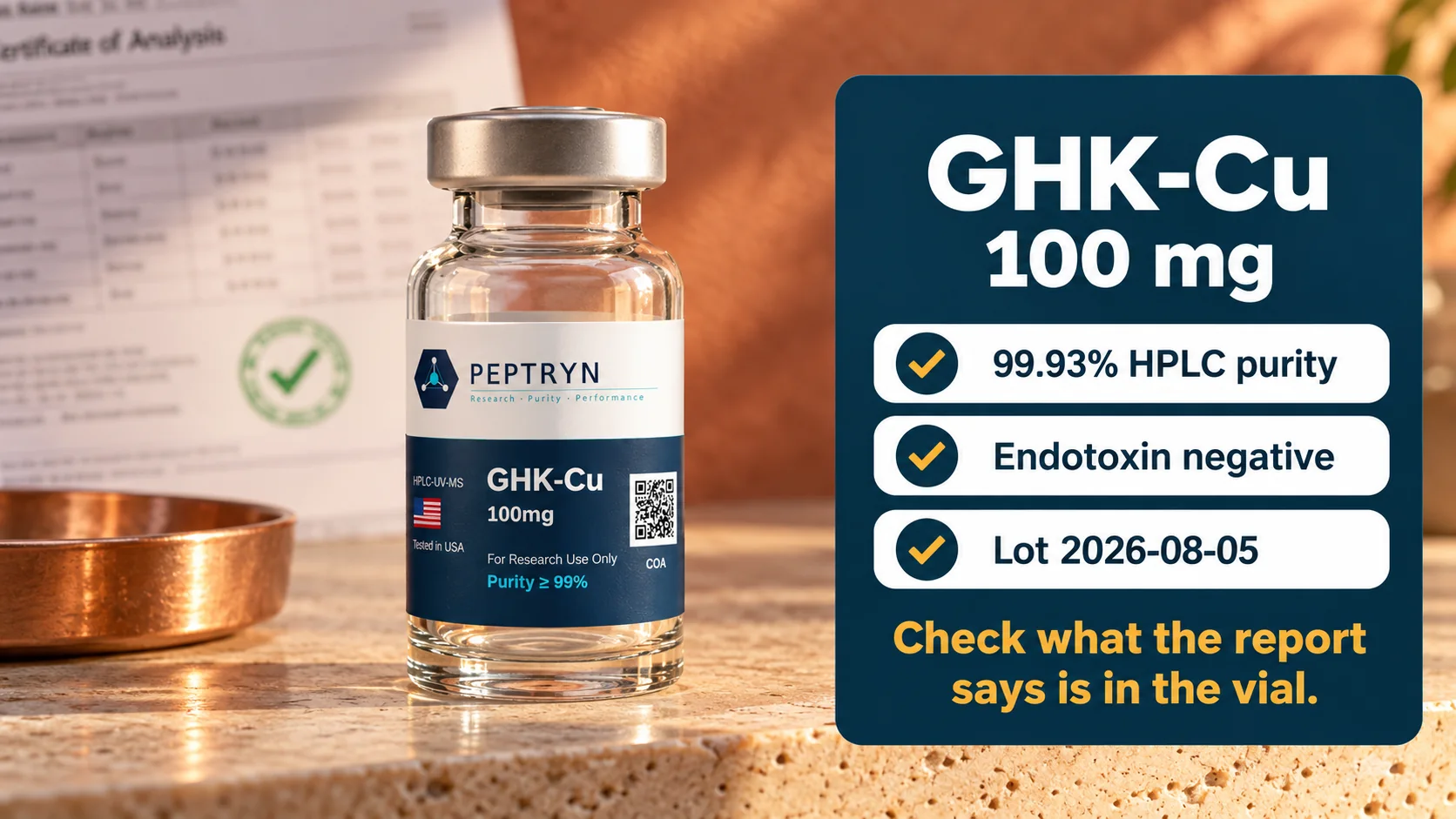 Peptryn GHK-Cu 100 mg research vial on a travertine shelf beside a copper tray and its lot 2026-08-05 lab report, with a panel showing 99.93% HPLC purity, endotoxin negative and lot 2026-08-05