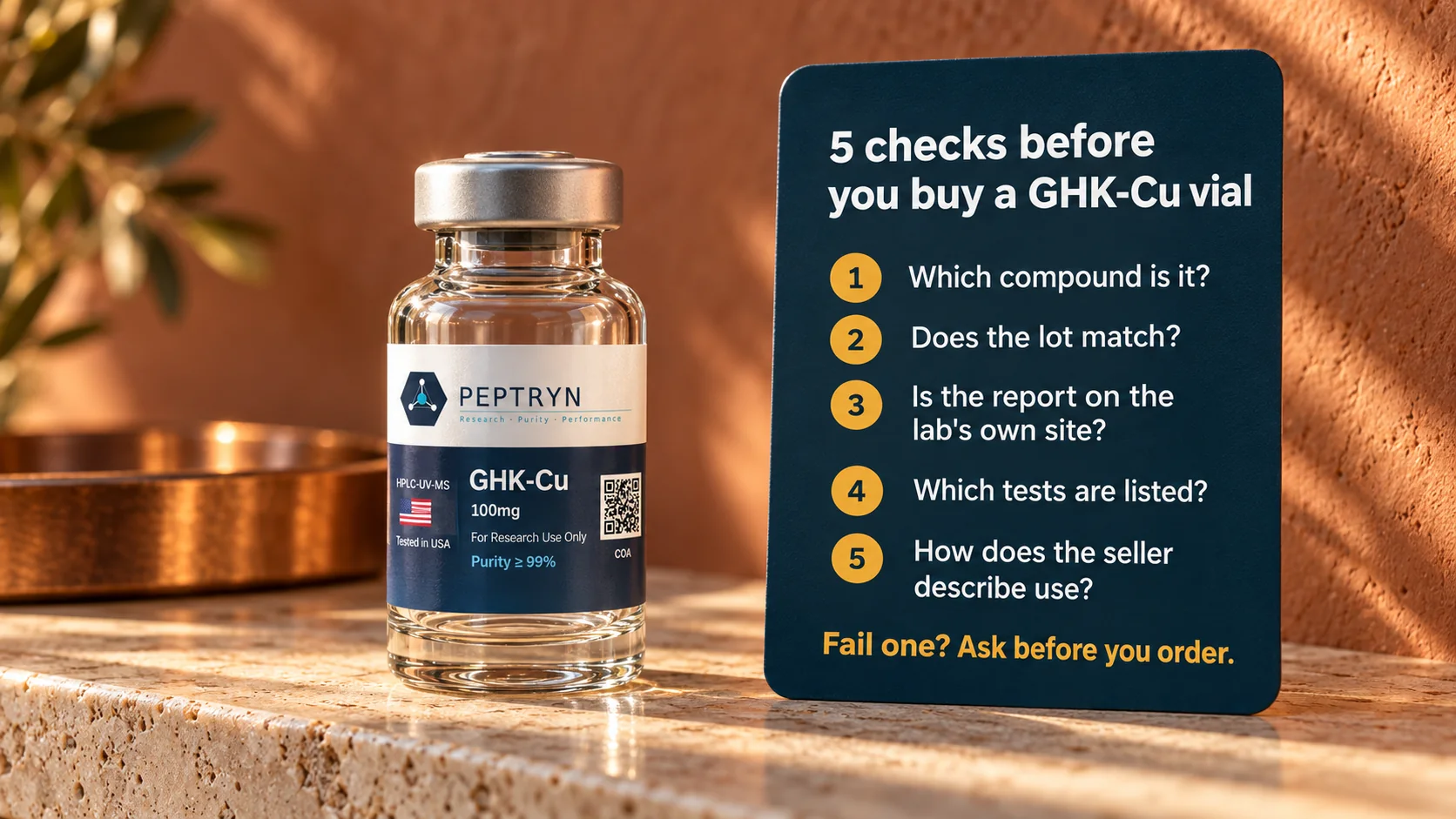 Card listing five checks before buying a GHK-Cu vial: which compound it is, whether the lot matches, whether the report is on the lab's own site, which tests are listed and how the seller describes use, beside a GHK-Cu vial