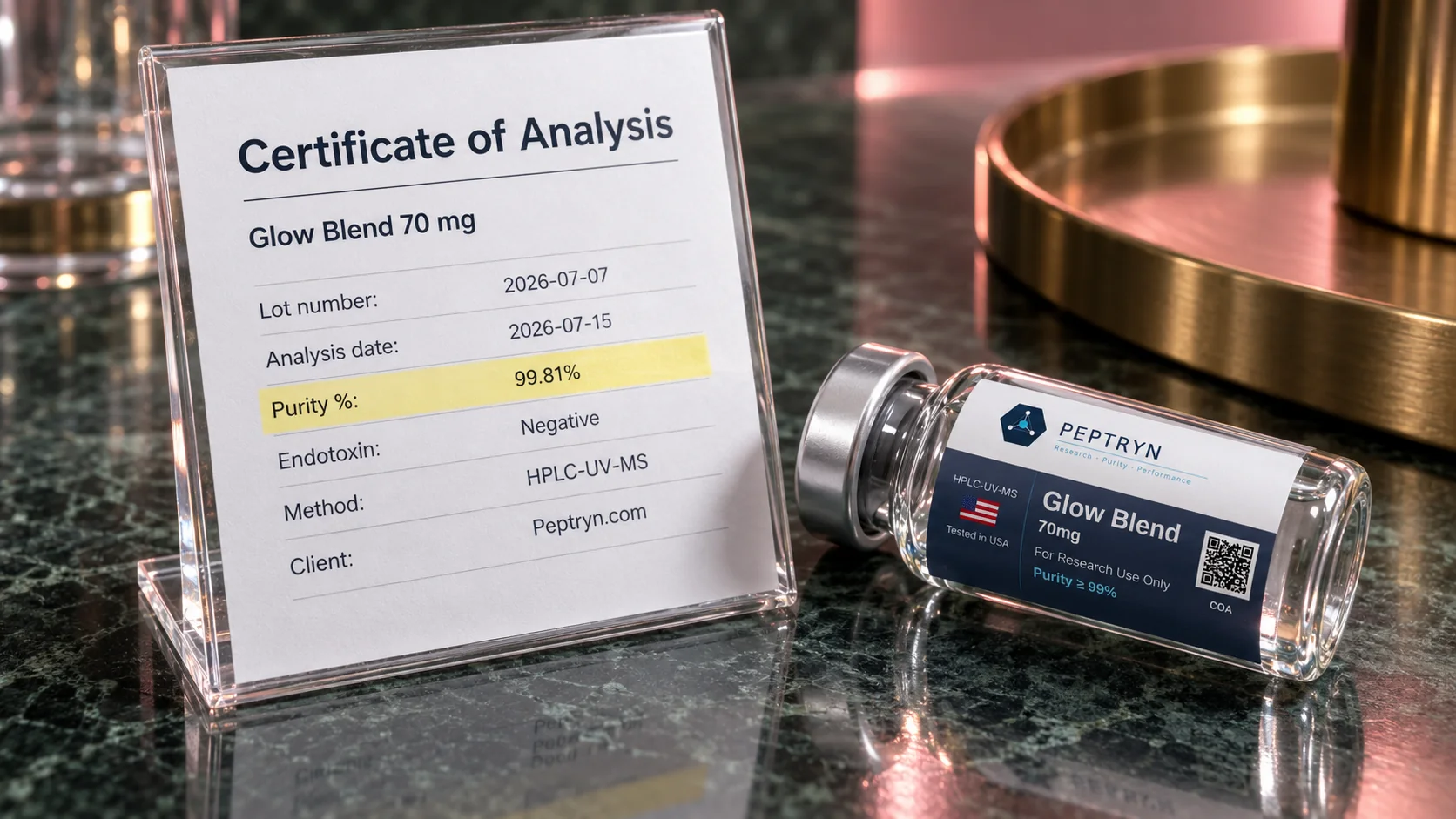 Certificate of analysis for Glow Blend 70 mg in a clear stand showing lot 2026-07-07, analysis date 2026-07-15, purity 99.81% and endotoxin negative, with a Glow Blend vial lying beside it