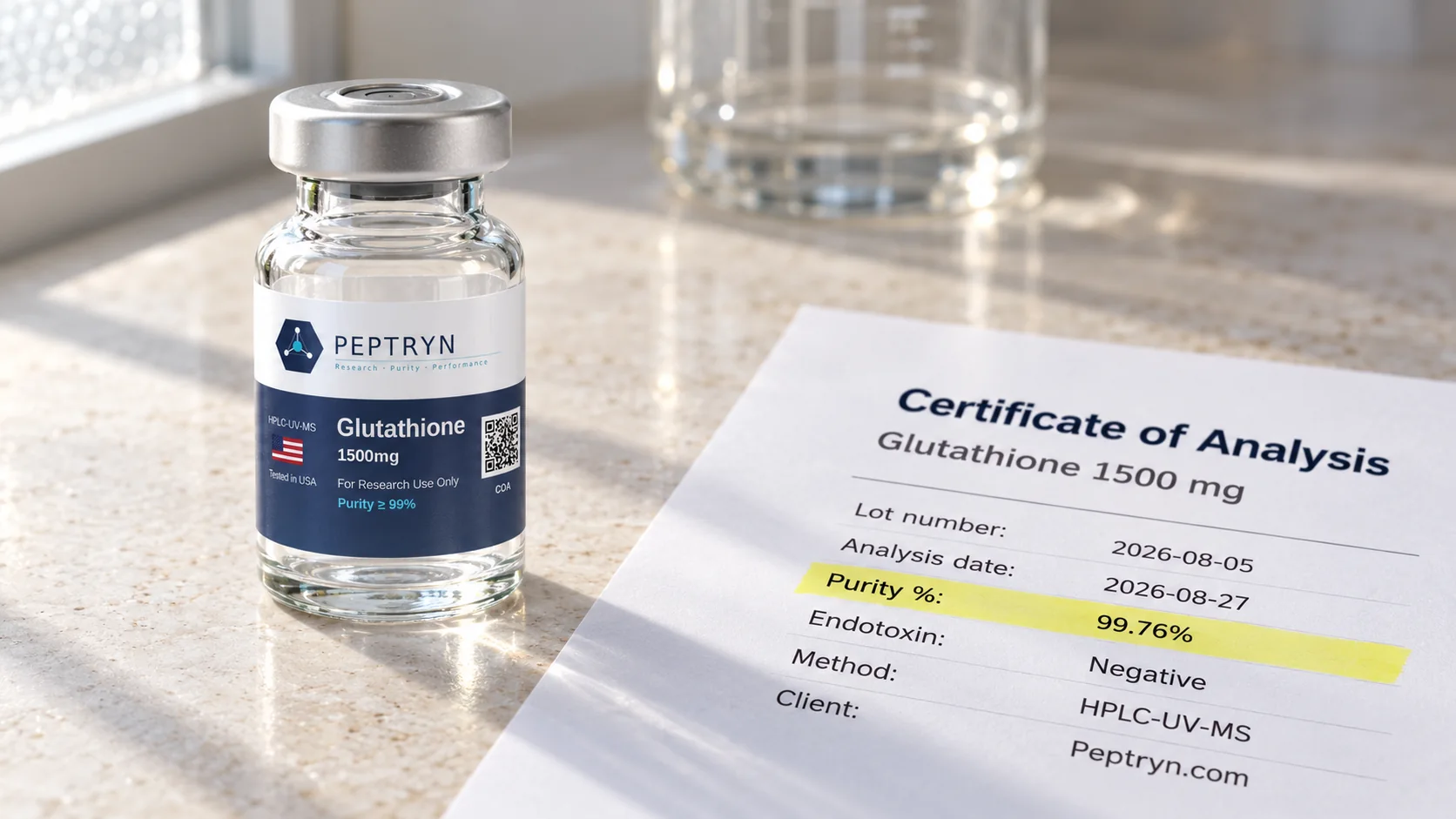 Certificate of analysis for glutathione 1500 mg on a limestone counter showing lot 2026-08-05, analysis date 2026-08-27, purity 99.76% and endotoxin negative, beside a glutathione vial
