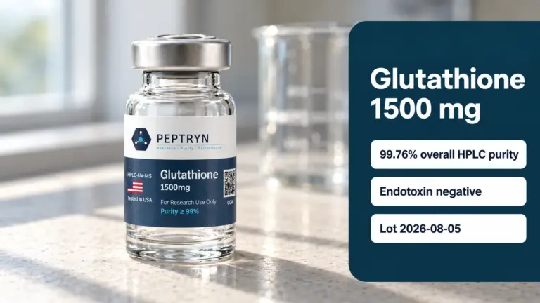 Peptryn Glutathione 1500 mg laboratory vial on a pale limestone counter in morning window light, with a panel showing 99.76% overall HPLC purity, endotoxin negative and lot 2026-08-05