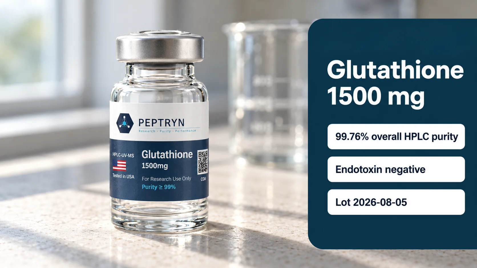 Peptryn Glutathione 1500 mg laboratory vial on a pale limestone counter in morning window light, with a panel showing 99.76% overall HPLC purity, endotoxin negative and lot 2026-08-05
