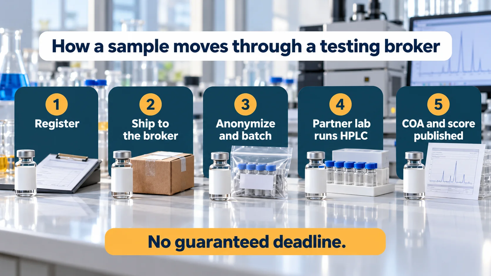 Five steps a sample takes through a testing broker like Finnrick: register, ship to the broker, anonymize and batch, partner lab runs HPLC, COA and score published