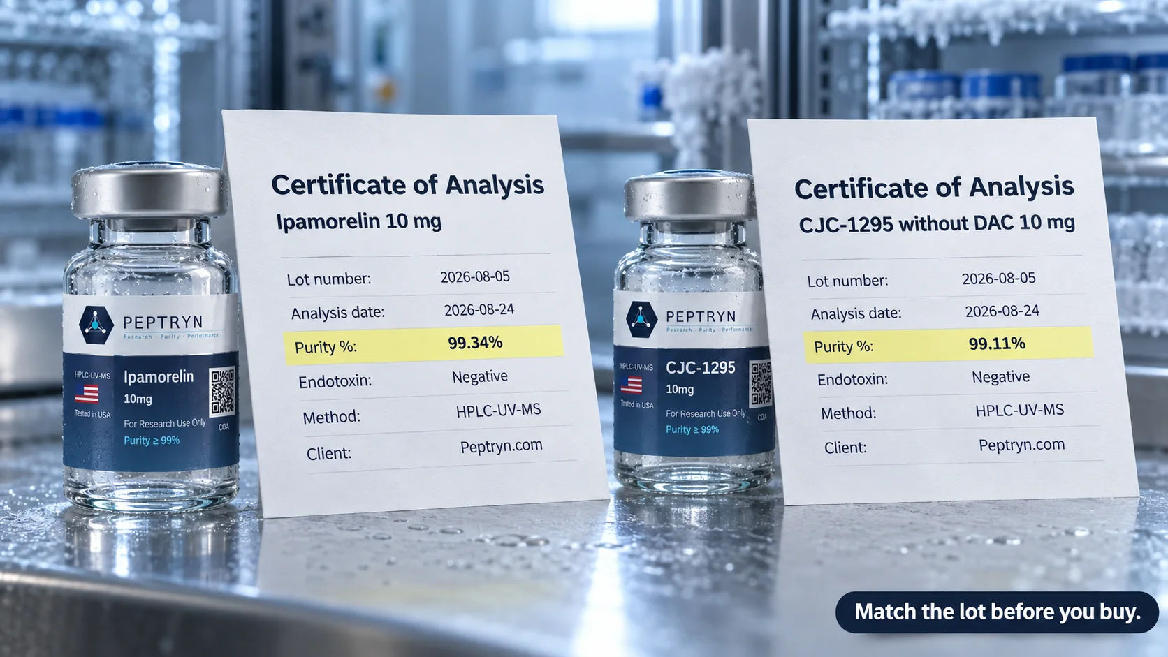 Two printed certificates of analysis for ipamorelin 10 mg and CJC-1295 without DAC 10 mg, each beside its vial, showing lot 2026-08-05, analysis date 2026-08-24, purity 99.34% and 99.11% and endotoxin negative