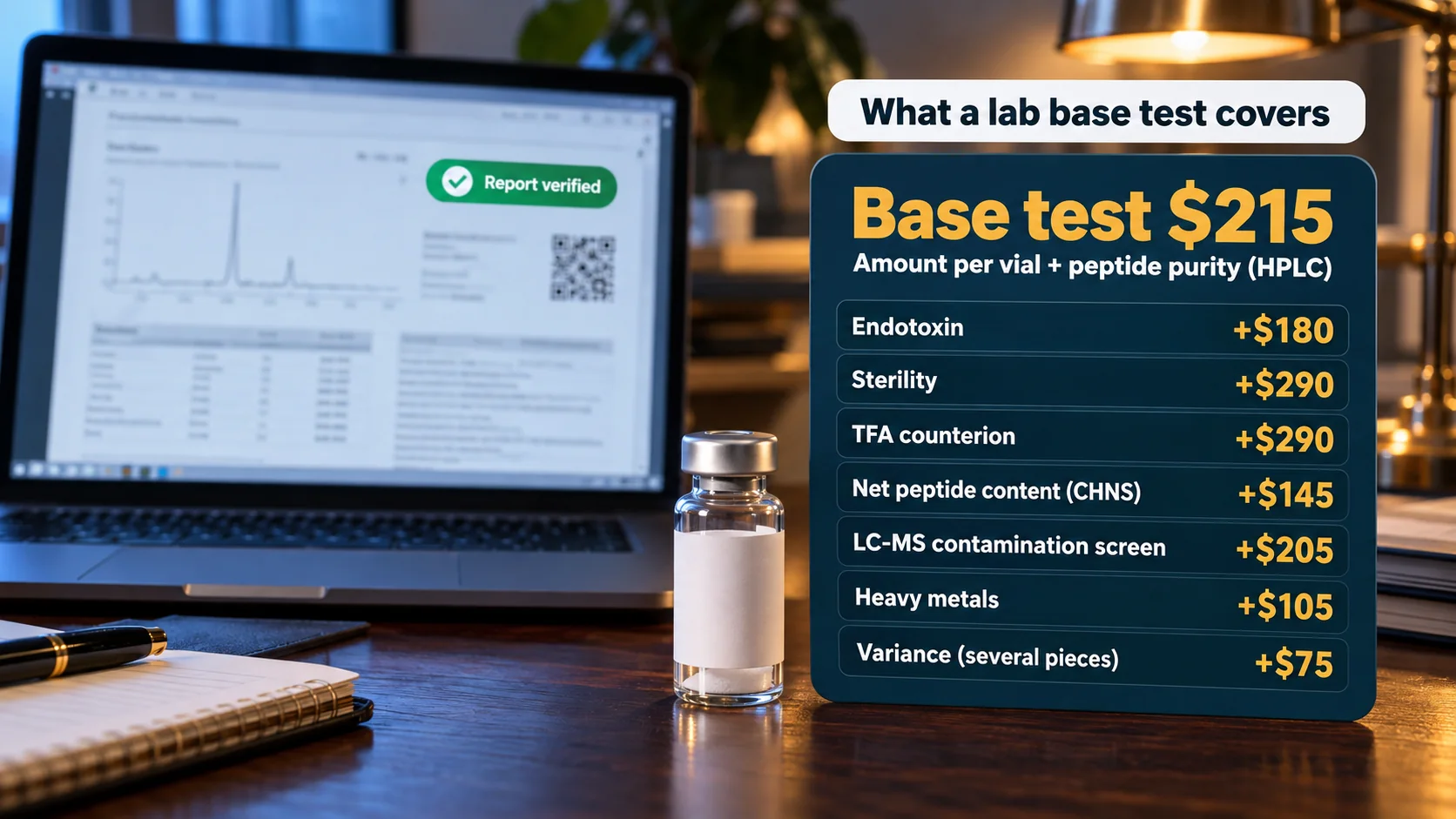 Janoshik base peptide test at $215 for amount per vial and peptide purity by HPLC, with add-on prices for endotoxin, sterility, TFA, net peptide content, LC-MS screening, heavy metals and variance testing