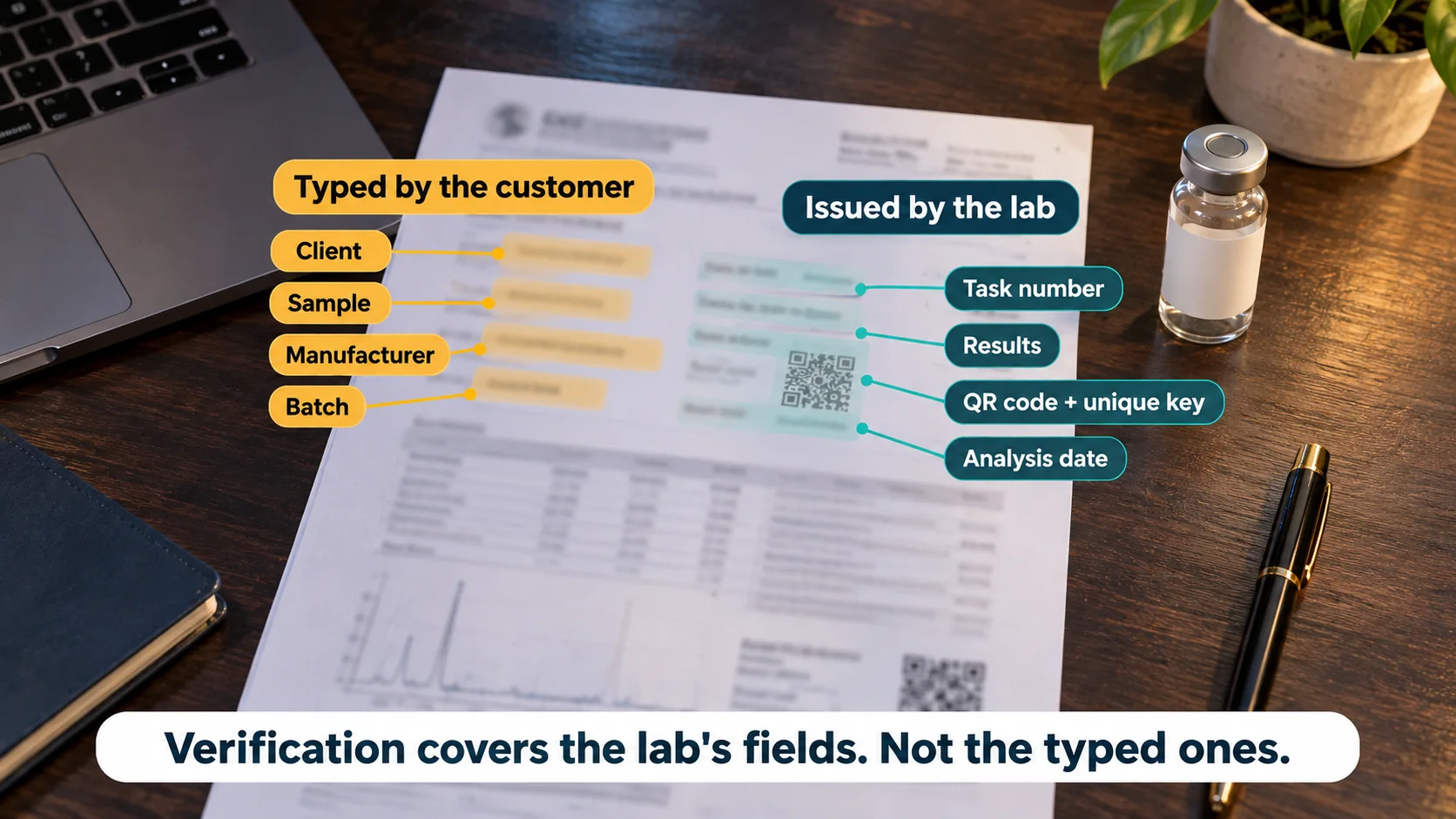 Annotated Janoshik report showing the fields the customer types (client, sample, manufacturer, batch) and the fields the lab issues (task number, results, QR code and unique key, analysis date)
