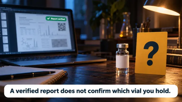 Laptop showing a verified lab report with a QR code beside a blank-label vial and a question mark card, illustrating that a verified Janoshik peptide testing report does not confirm which vial you hold