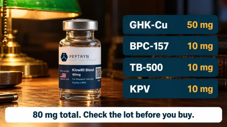 Klow80 Blend vial on a walnut desk in green lamp light beside its four listed components: GHK-Cu 50 mg, BPC-157 10 mg, TB-500 10 mg and KPV 10 mg, 80 mg total