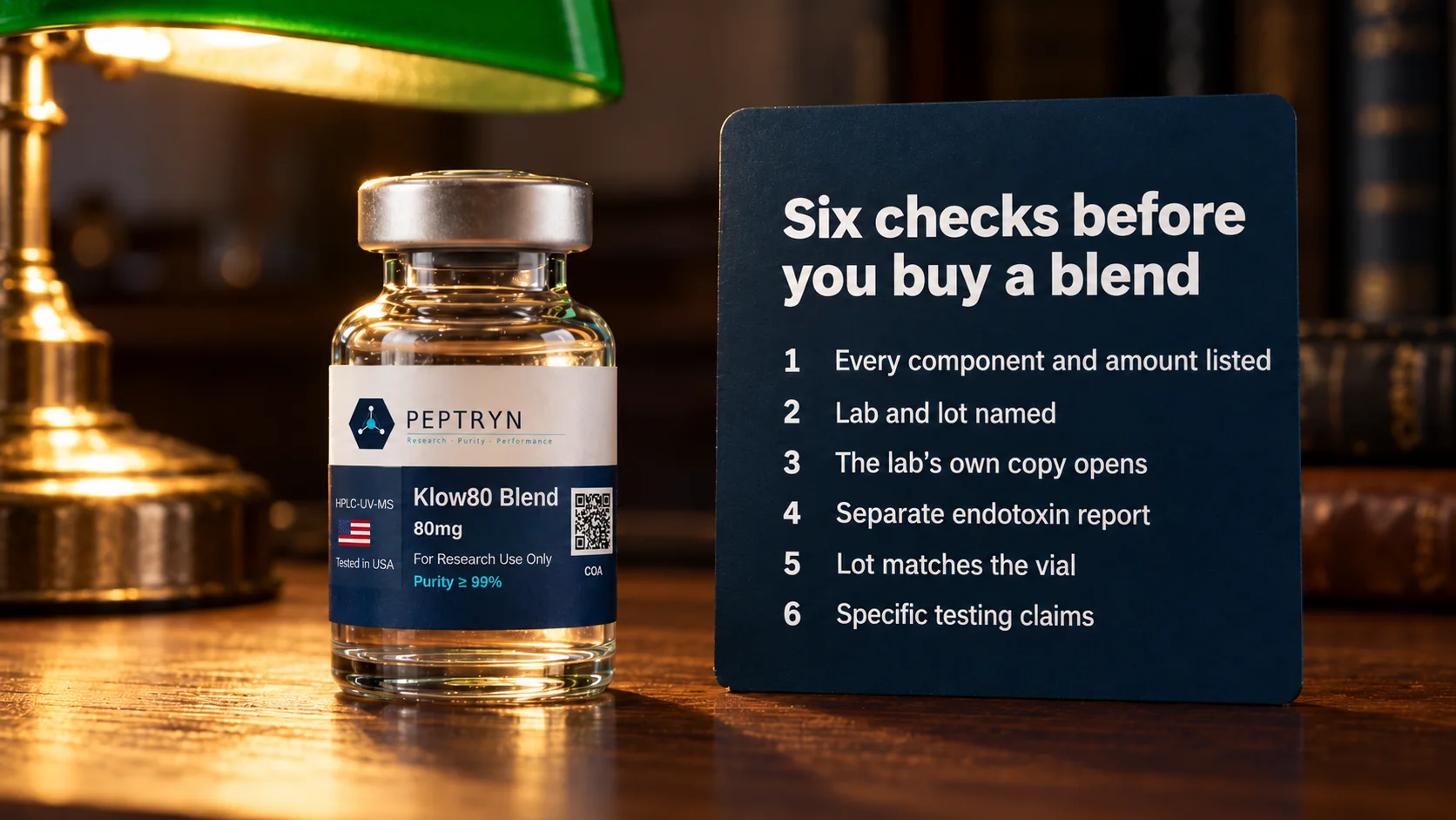 Six checks before buying a research blend, on a card beside a Klow80 Blend vial: every component and amount listed, lab and lot named, the lab's own copy opens, separate endotoxin report, lot matches the vial, specific testing claims