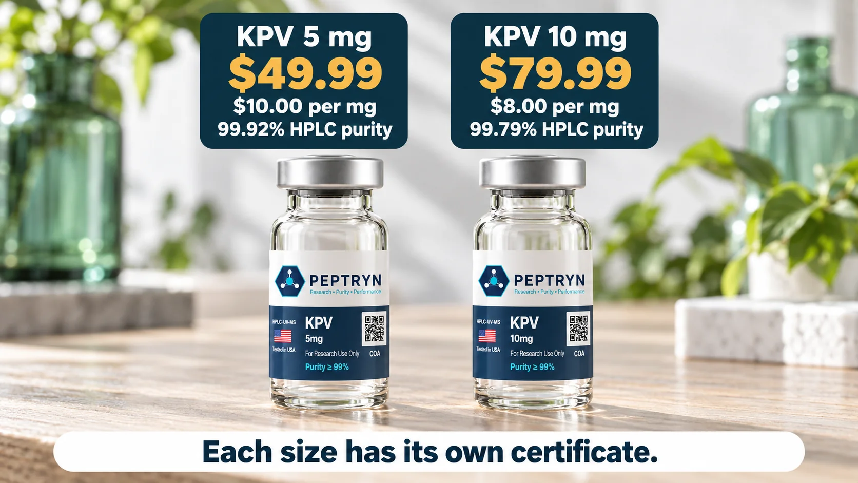 KPV 5 mg at $49.99 and 10 mg at $79.99 compared by price per mg (webp0.00 and $8.00) and HPLC purity (99.92% and 99.79%) for lot 2026-09-17, each size with its own certificate