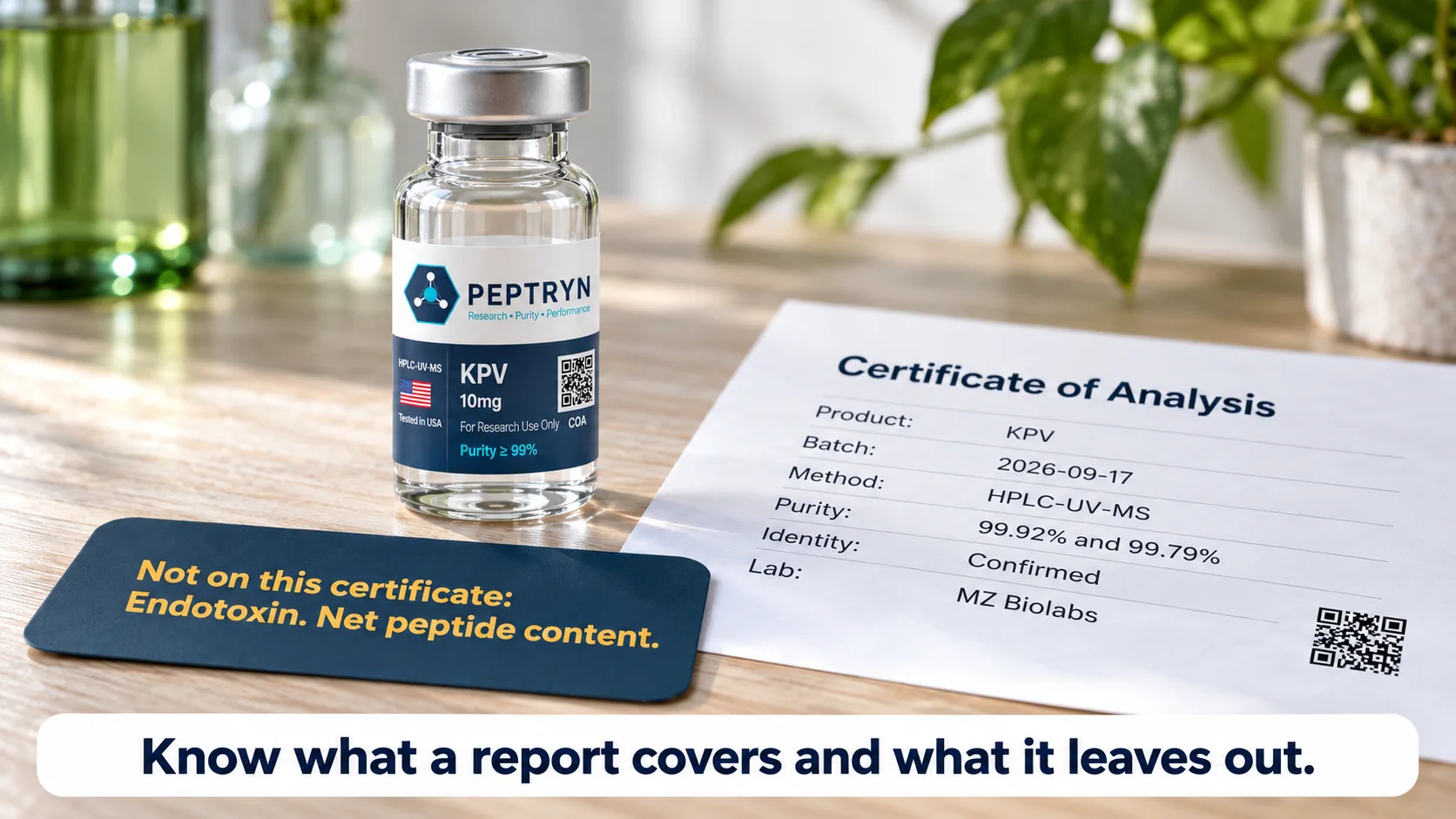 KPV certificate of analysis for lot 2026-09-17 showing HPLC-UV-MS purity of 99.92% and 99.79% and identity confirmed by MZ Biolabs, with a note that endotoxin and net peptide content are not on the certificate