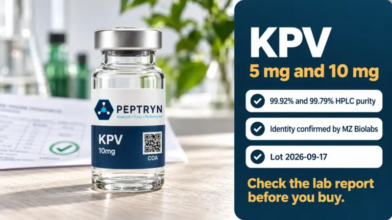 Peptryn KPV research vial on an ash-wood bench beside its lot 2026-09-17 lab report, with a panel showing 99.92% and 99.79% HPLC purity, identity confirmed by MZ Biolabs and lot 2026-09-17, in 5 mg and 10 mg sizes