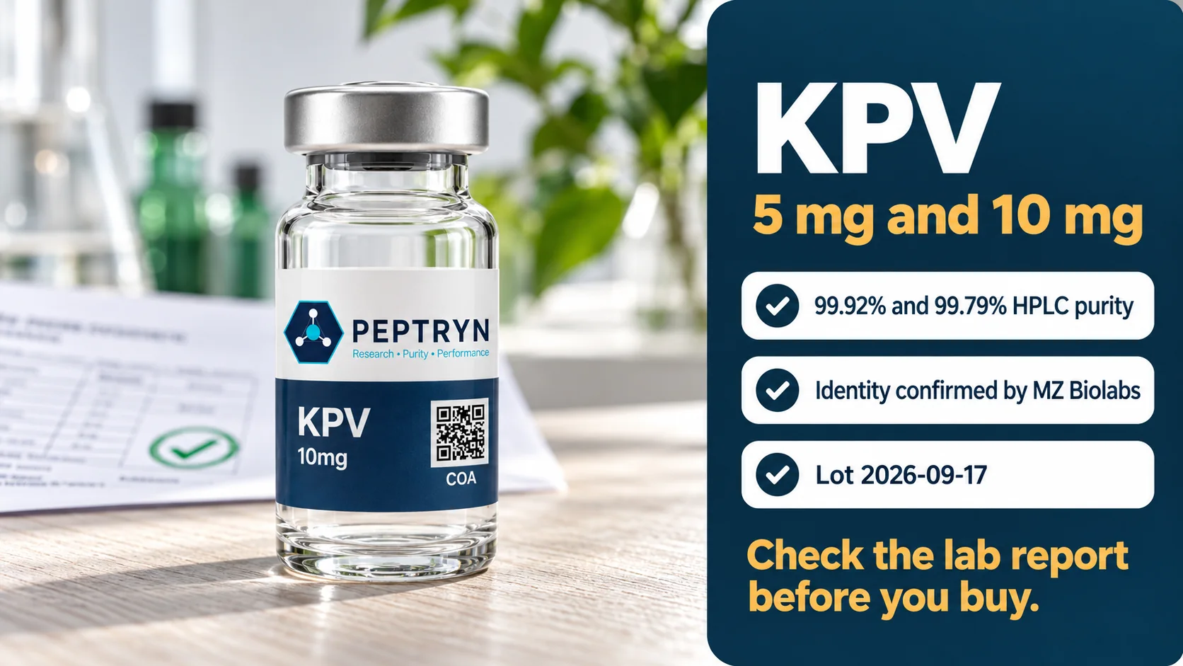 Peptryn KPV research vial on an ash-wood bench beside its lot 2026-09-17 lab report, with a panel showing 99.92% and 99.79% HPLC purity, identity confirmed by MZ Biolabs and lot 2026-09-17, in 5 mg and 10 mg sizes