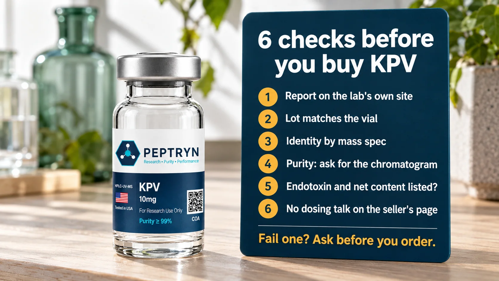 Card listing six checks before buying KPV: lab-hosted report, matching lot, mass spec identity, chromatogram, endotoxin and net content, and no dosing talk, beside a KPV vial