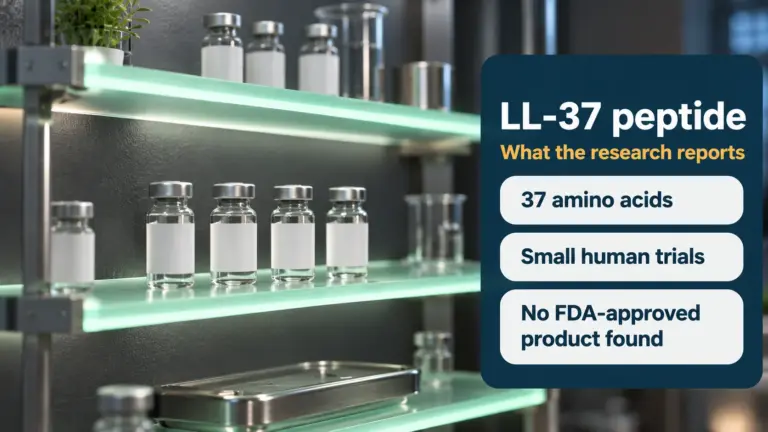 LL-37 peptide research guide: plain glass vials on a frosted-glass shelf with soft green lighting beside a panel reading what the research reports