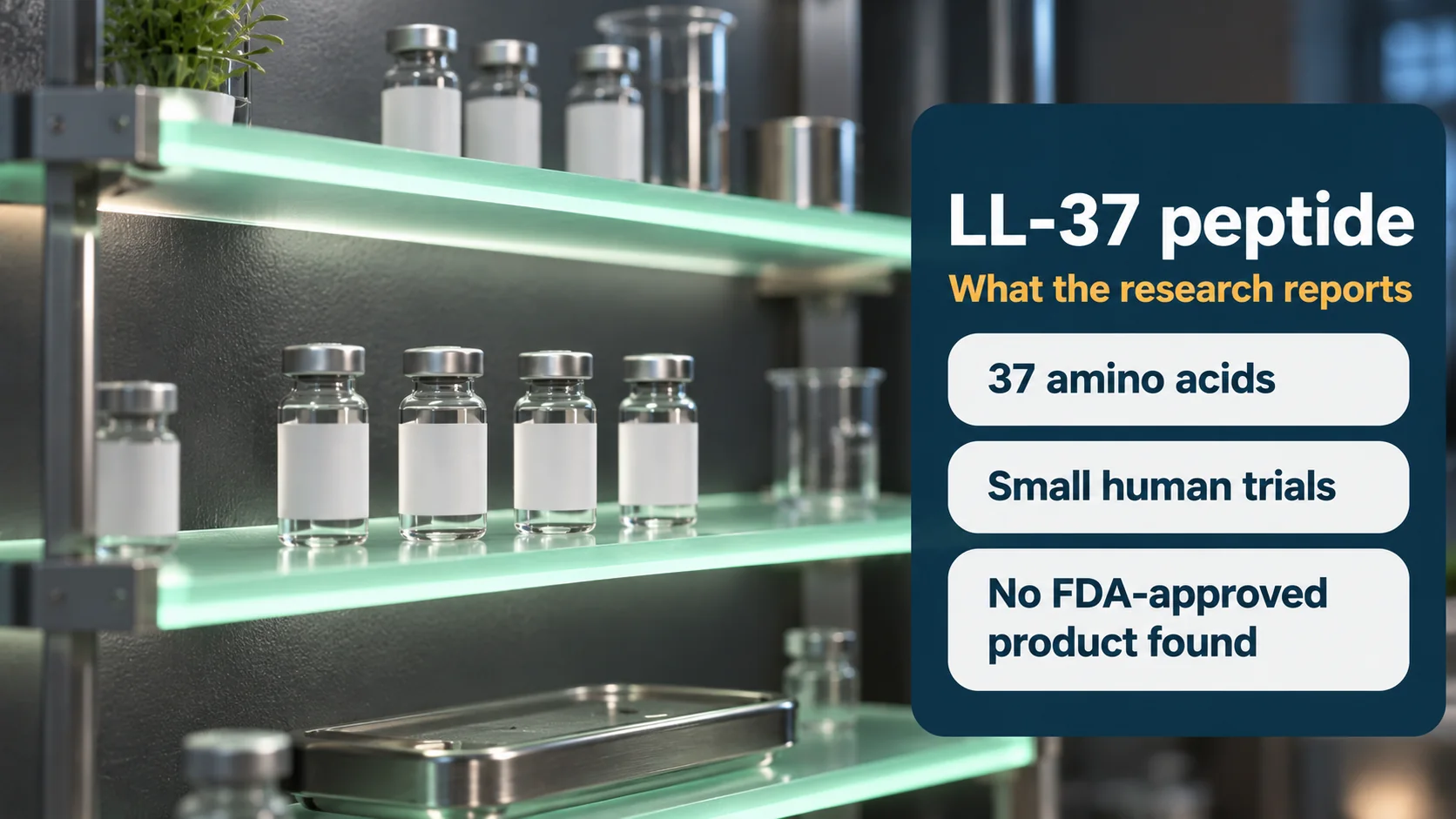 LL-37 peptide research guide: plain glass vials on a frosted-glass shelf with soft green lighting beside a panel reading what the research reports