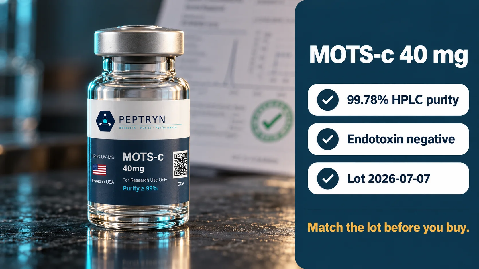 Peptryn MOTS-c 40 mg research vial on dark slate beside its lot 2026-07-07 lab report, with a panel showing 99.78% HPLC purity, endotoxin negative and lot 2026-07-07, match the lot before you buy