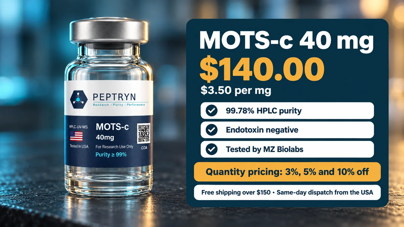 MOTS-c 40 mg research vial listing: $140.00, $3.50 per mg, 99.78% HPLC purity, endotoxin negative, tested by MZ Biolabs, with quantity pricing of 3%, 5% and 10% off and free shipping over $150