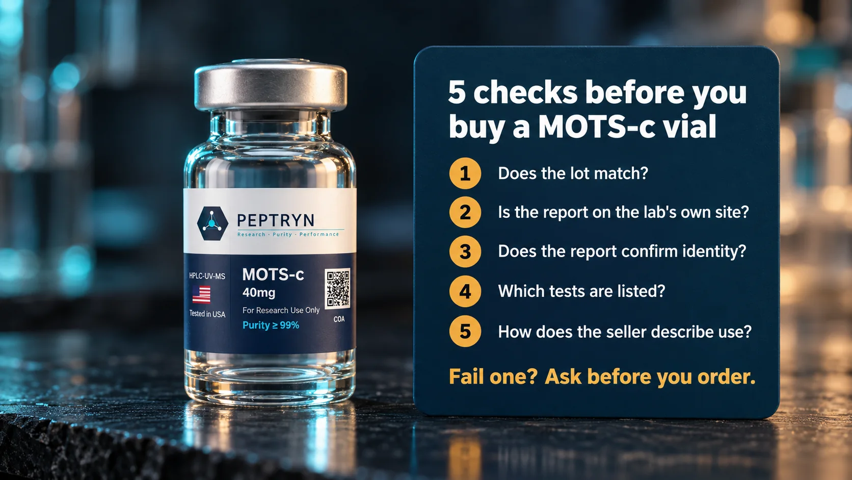 Card listing five checks before buying a MOTS-c vial: whether the lot matches, whether the report is on the lab's own site, whether it confirms identity, which tests are listed and how the seller describes use, beside a MOTS-c vial