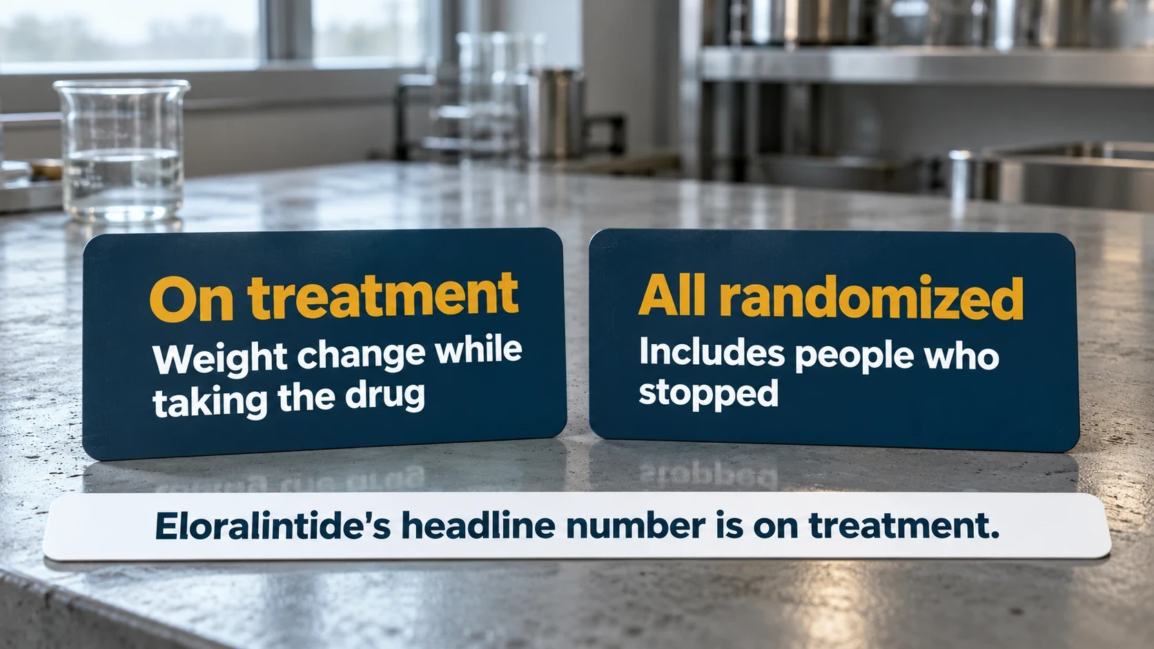 On-treatment results measure weight change while taking the drug; all-randomized results include people who stopped; eloralintide's headline number is on treatment