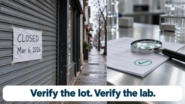 Closed shop shutter with a CLOSED sign dated March 6, 2026 beside a lab report with a magnifying glass and checkmark: verify the lot, verify the lab