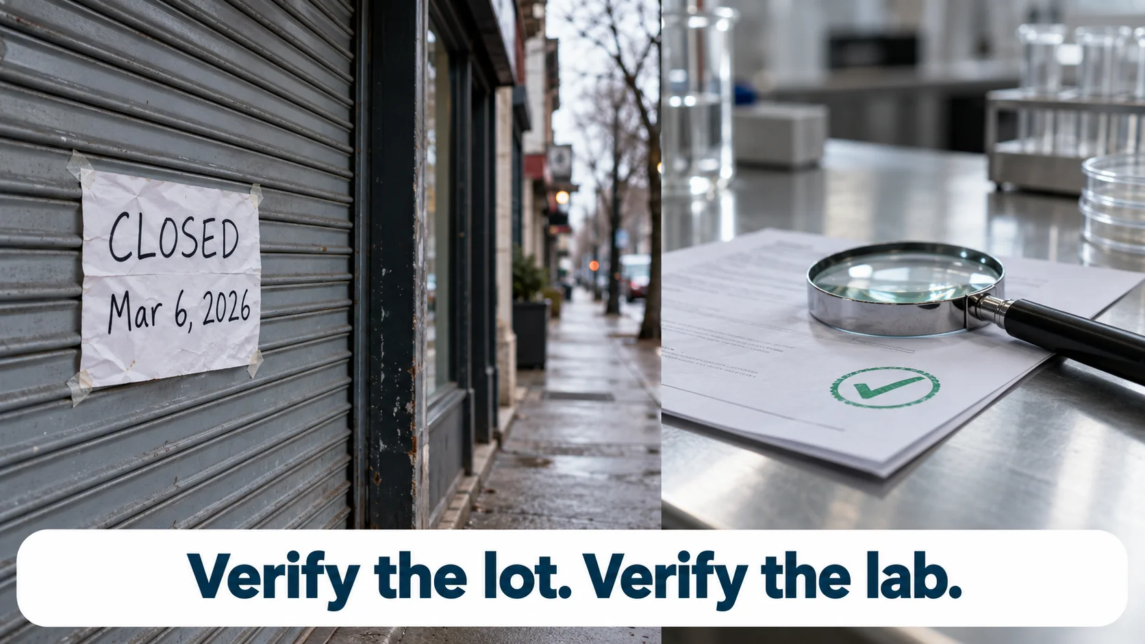 Closed shop shutter with a CLOSED sign dated March 6, 2026 beside a lab report with a magnifying glass and checkmark: verify the lot, verify the lab