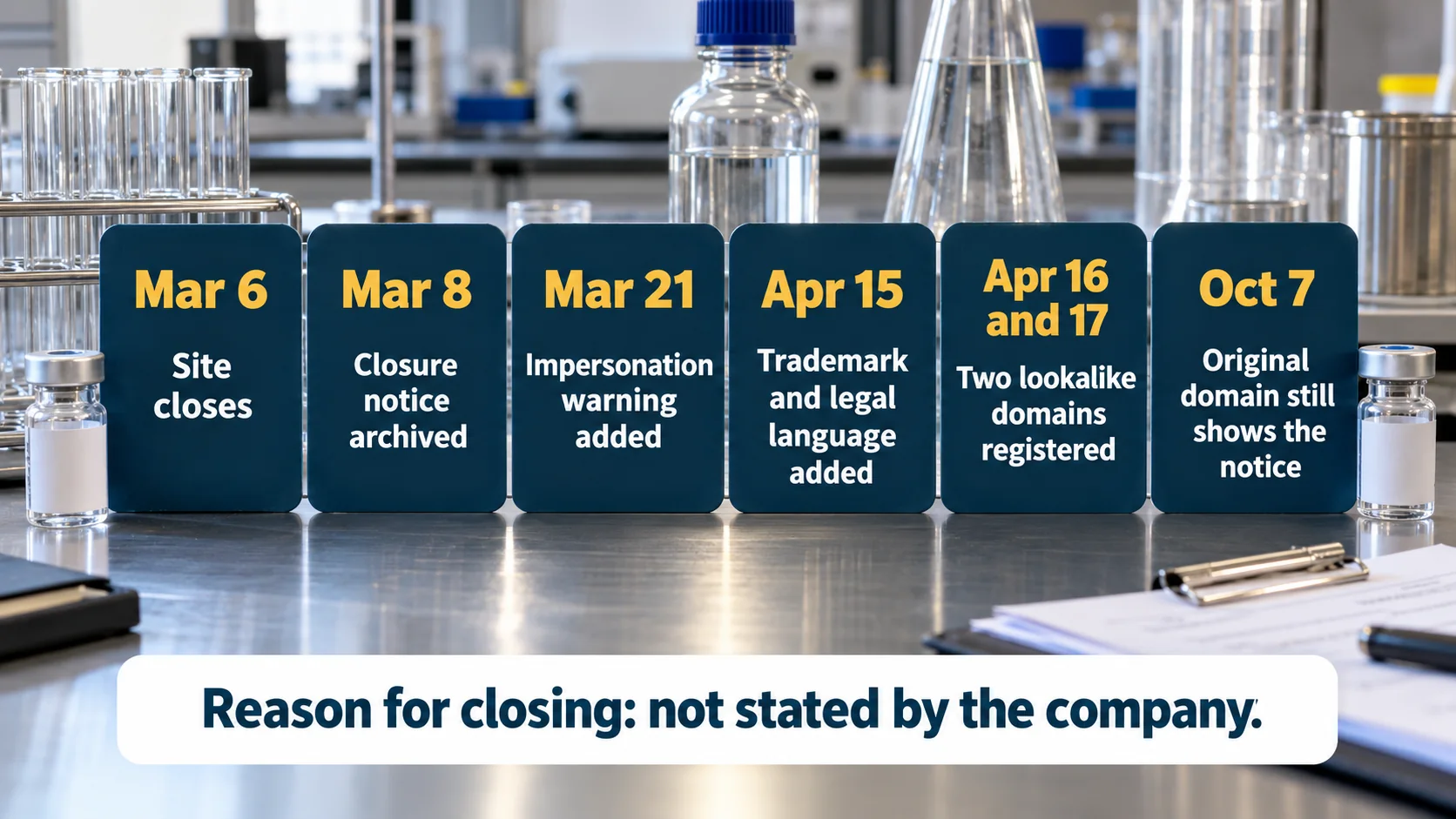 Timeline of the Peptide Sciences shutdown: site closes March 6, closure notice archived March 8, impersonation warning added March 21, trademark and legal language added April 15, two lookalike domains registered April 16 and 17, original domain still shows the notice October 7; reason not stated by the company