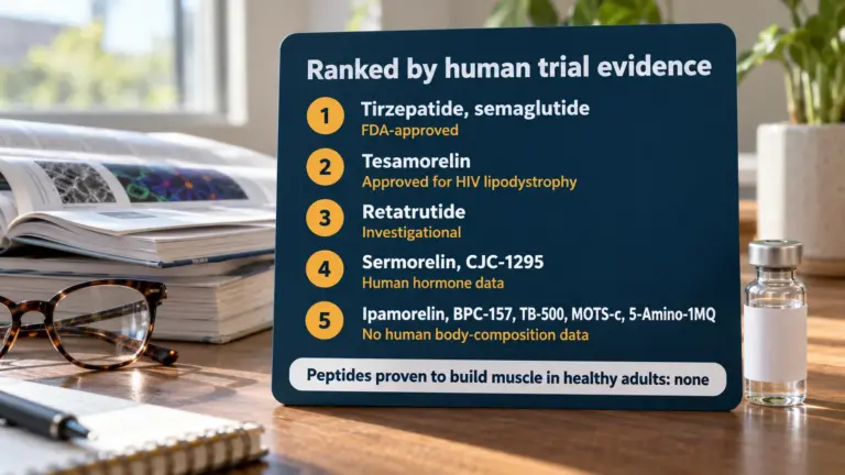 Leaderboard card on a research desk ranking peptides for muscle growth and fat loss by human trial evidence: tirzepatide and semaglutide FDA-approved, tesamorelin approved for HIV lipodystrophy, retatrutide investigational, sermorelin and CJC-1295 human hormone data, then peptides with no human body-composition data; peptides proven to build muscle in healthy adults: none