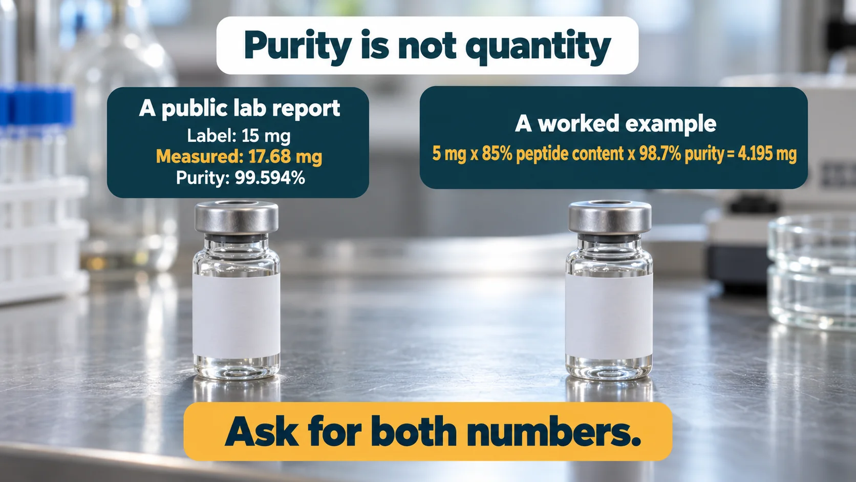 Purity is not quantity: a public lab report with a 15 mg label measuring 17.68 mg at 99.594% purity, and a worked example of 5 mg times 85% peptide content times 98.7% purity equals 4.195 mg