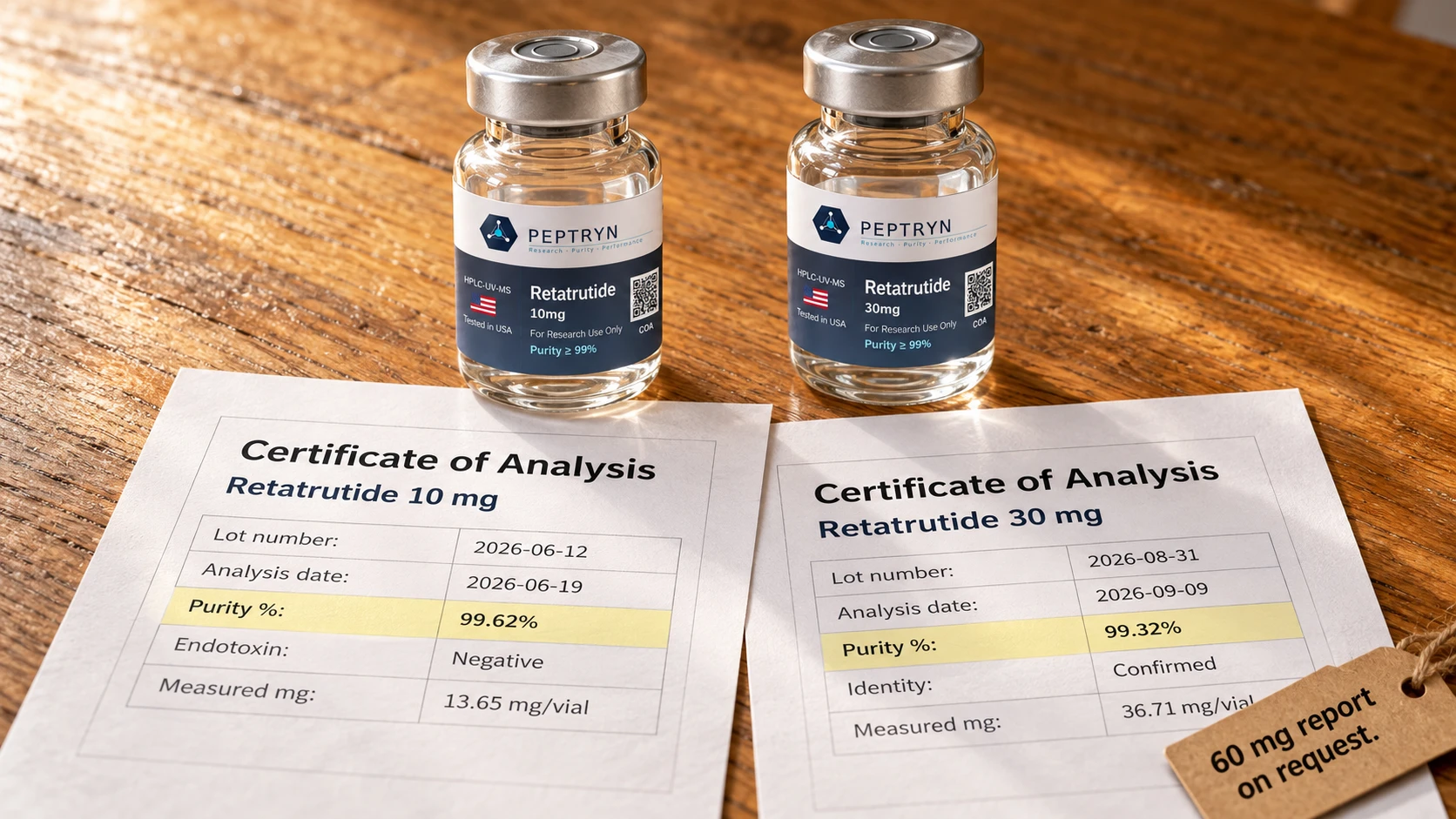 Certificates of analysis for retatrutide 10 mg (lot 2026-06-12, purity 99.62%, endotoxin negative, 13.65 mg measured) and retatrutide 30 mg (lot 2026-08-31, purity 99.32%, identity confirmed, 36.71 mg measured) beside the two vials
