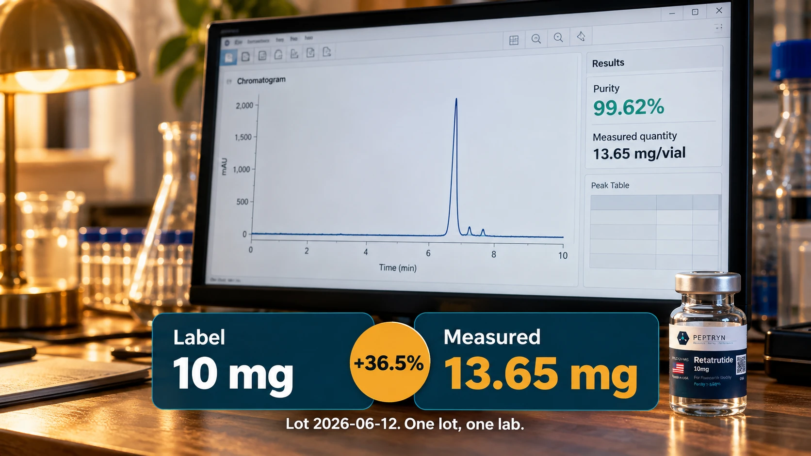 Laboratory monitor showing a chromatogram with purity 99.62% and measured quantity 13.65 mg per vial for the retatrutide 10 mg lot, with cards comparing the 10 mg label to the 13.65 mg measured, a 36.5% difference