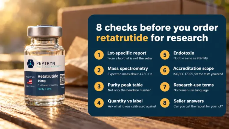 Card with eight checks before ordering retatrutide for research beside a vial: lot-specific report, mass spectrometry, purity peak table, quantity versus label, endotoxin, accreditation scope, research-use terms and seller answers