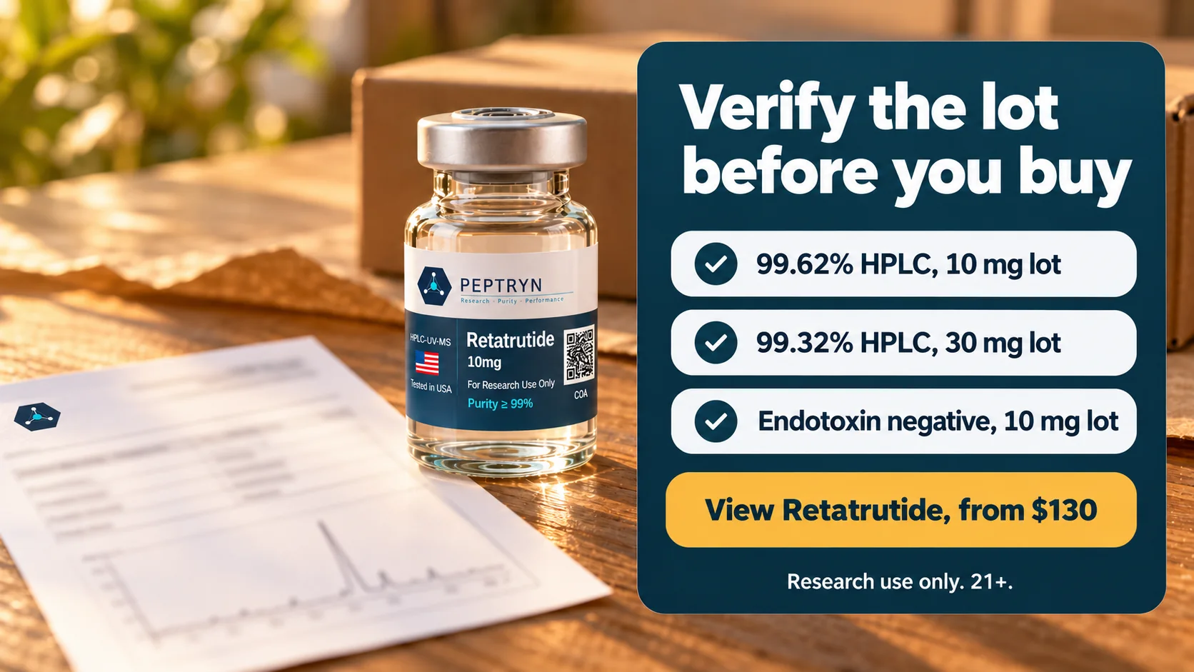 Retatrutide lot results beside a vial: 99.62% HPLC purity on the 10 mg lot, 99.32% HPLC on the 30 mg lot and endotoxin negative on the 10 mg lot, view retatrutide from webp30, research use only 21 and over