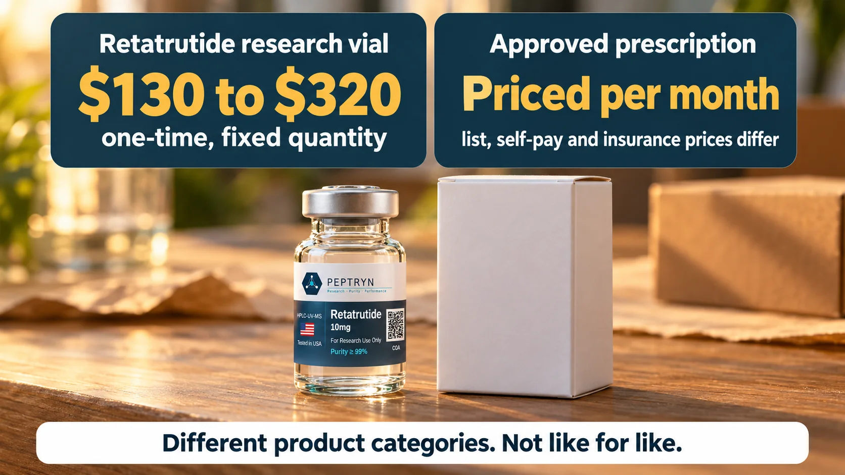 Retatrutide research vial at webp30 to $320 as a one-time fixed quantity versus an approved prescription priced per month, different product categories, not like for like