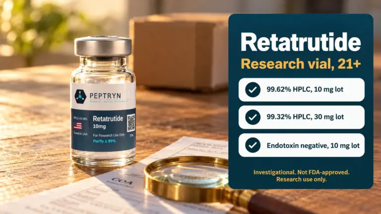 Retatrutide research vial on an oak bench beside a certificate of analysis and a magnifying glass, with a panel showing 99.62% HPLC on the 10 mg lot, 99.32% on the 30 mg lot and endotoxin negative, investigational, not FDA-approved, research use only, 21 and over