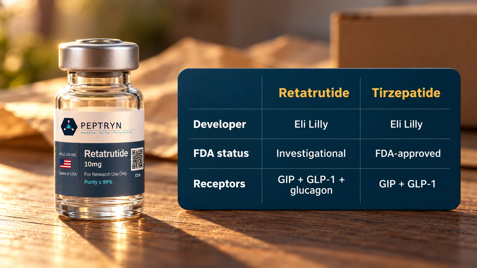 Table comparing retatrutide and tirzepatide: both developed by Eli Lilly, retatrutide investigational and tirzepatide FDA-approved, retatrutide targets GIP, GLP-1 and glucagon receptors and tirzepatide targets GIP and GLP-1