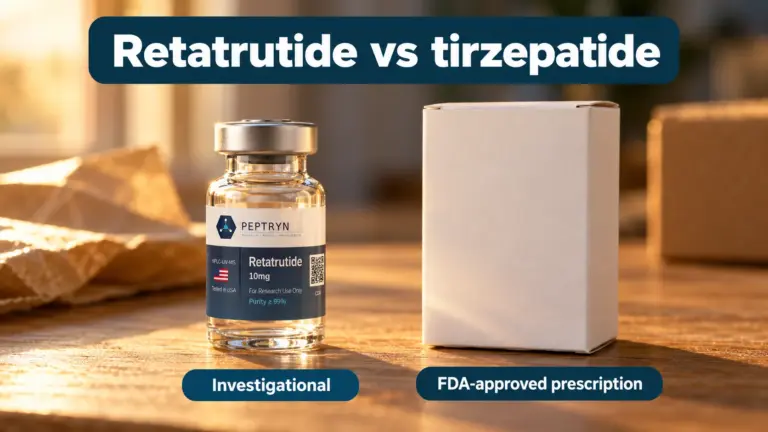 Retatrutide research vial and a plain tirzepatide carton side by side on an oak bench under the title retatrutide vs tirzepatide, labeled investigational and FDA-approved prescription