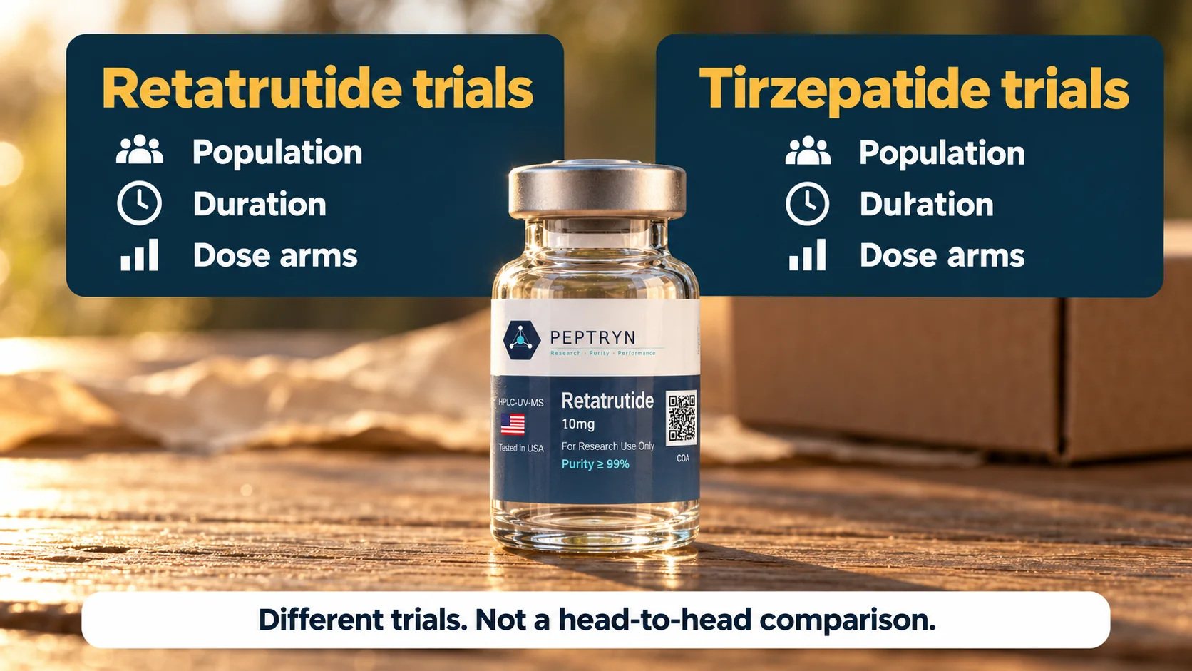Cards for retatrutide trials and tirzepatide trials, each listing population, duration and dose arms, with the note that these are different trials and not a head-to-head comparison