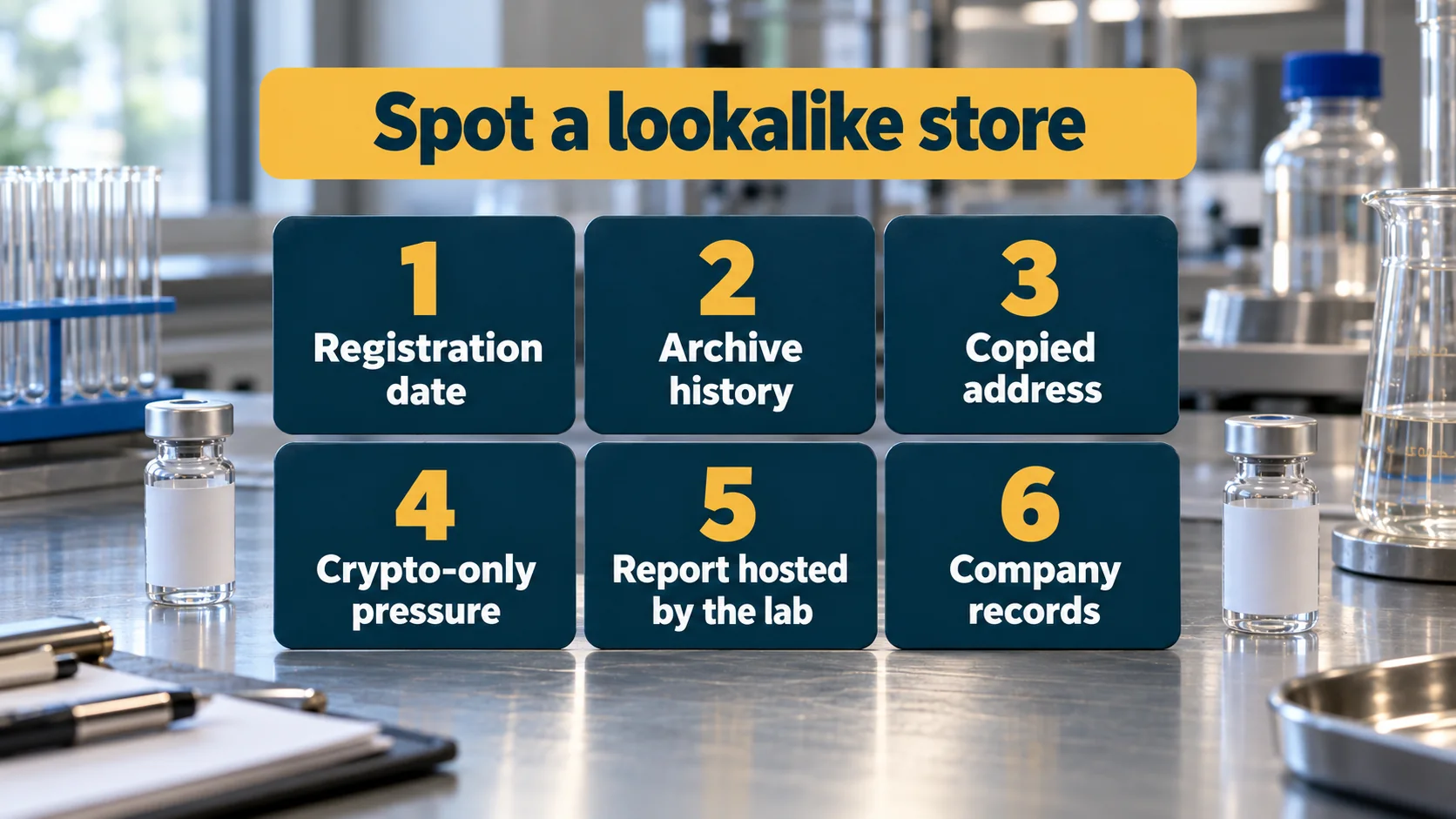 Six checks to spot a lookalike store: registration date, archive history, copied address, crypto-only pressure, report hosted by the lab, company records