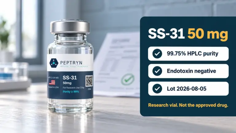 Peptryn SS-31 50 mg research vial on a whitewashed oak bench beside its lot 2026-08-05 lab report, with a panel showing 99.75% HPLC purity, endotoxin negative and lot 2026-08-05, research vial not the approved drug