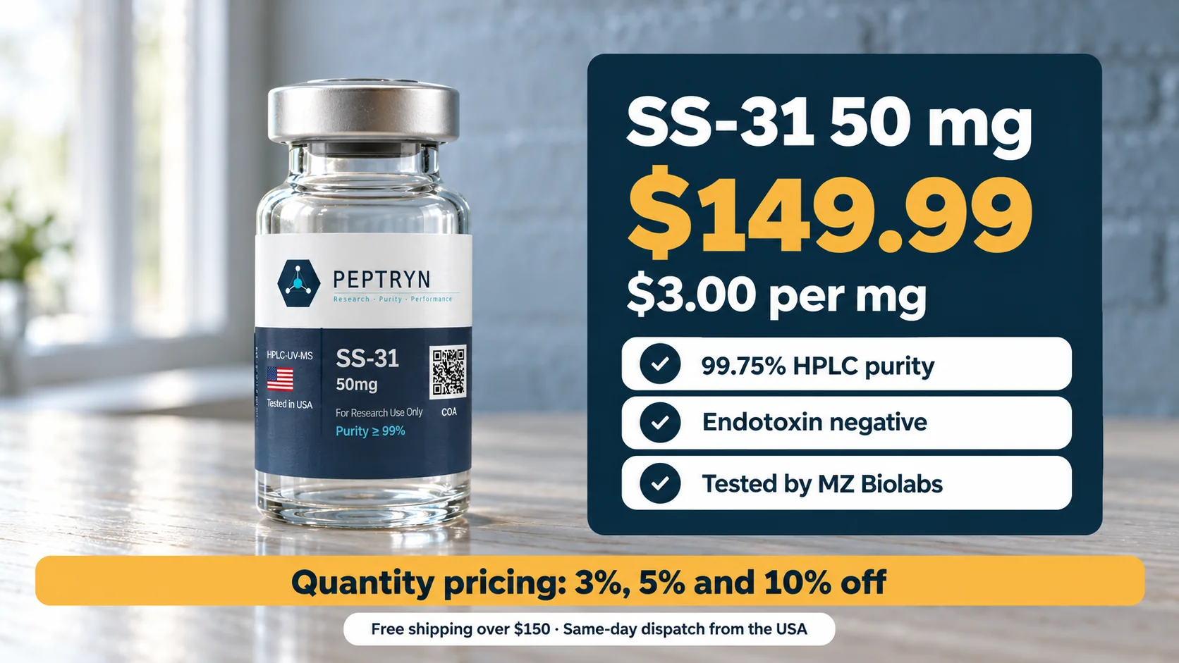 SS-31 50 mg research vial listing: $149.99, $3.00 per mg, 99.75% HPLC purity, endotoxin negative, tested by MZ Biolabs, with quantity pricing of 3%, 5% and 10% off and free shipping over $150