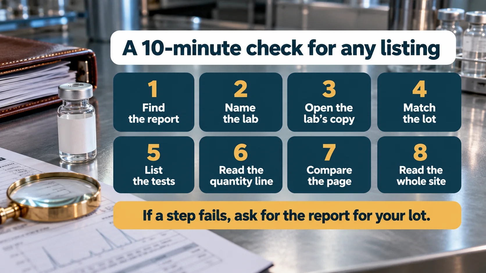 Ten-minute check for any peptide listing in eight steps: find the report, name the lab, open the lab's copy, match the lot, list the tests, read the quantity line, compare the page and read the whole site