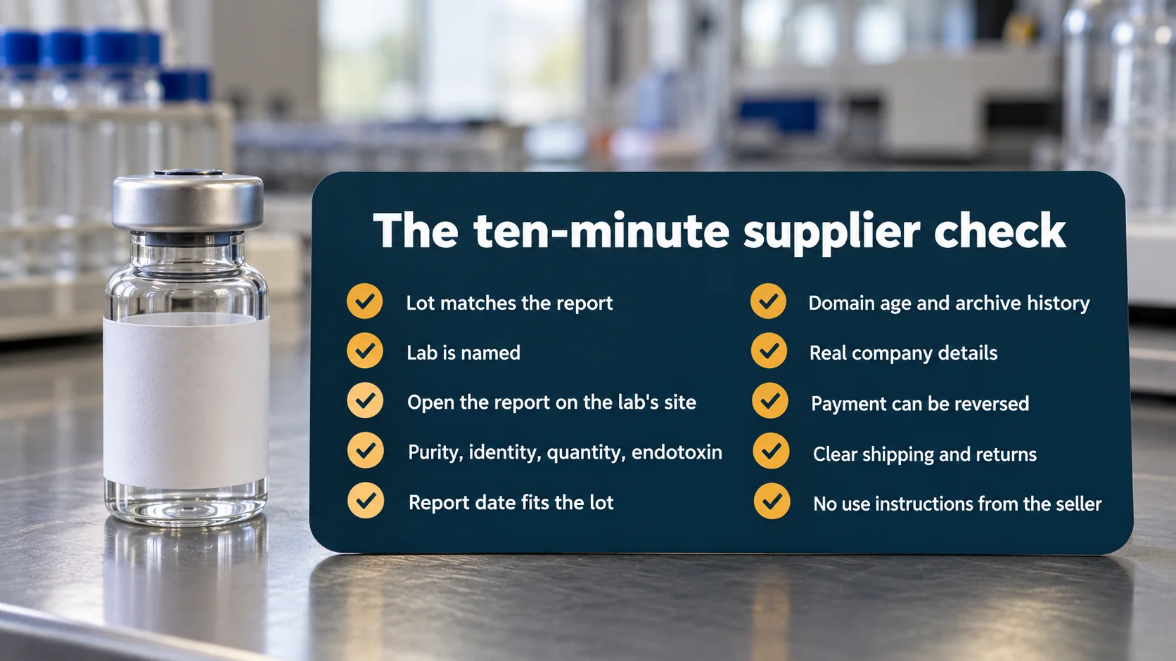 The ten-minute supplier check on a card beside a vial: lot matches the report, lab is named, open the report on the lab site, purity identity quantity endotoxin, report date fits the lot, domain age and archive history, real company details, reversible payment, clear shipping and returns, no use instructions from the seller