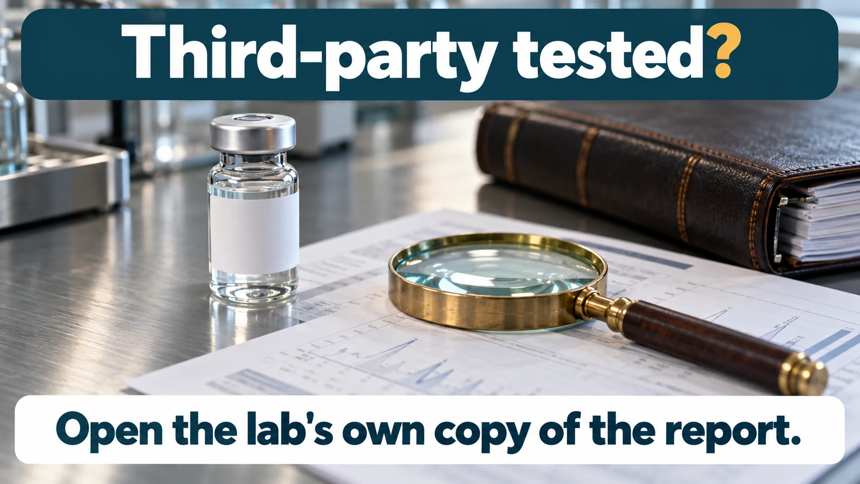 Magnifying glass over a lab report next to a vial and a binder, with the question third-party tested and the line open the lab's own copy of the report