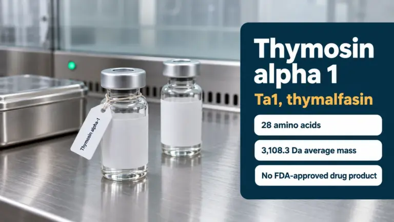 Two plain glass research vials on a stainless-steel bench beside a panel reading Thymosin alpha 1, Ta1 thymalfasin, 28 amino acids, 3,108.3 Da average mass