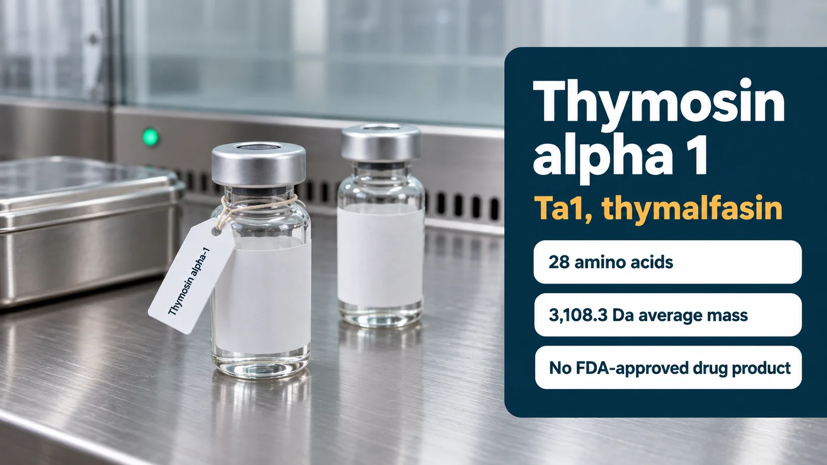 Two plain glass research vials on a stainless-steel bench beside a panel reading Thymosin alpha 1, Ta1 thymalfasin, 28 amino acids, 3,108.3 Da average mass