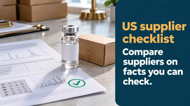 US peptide supplier checklist: a printed lab report with a check mark, a research vial and a kraft box on a packing bench, with the message to compare suppliers on facts you can check